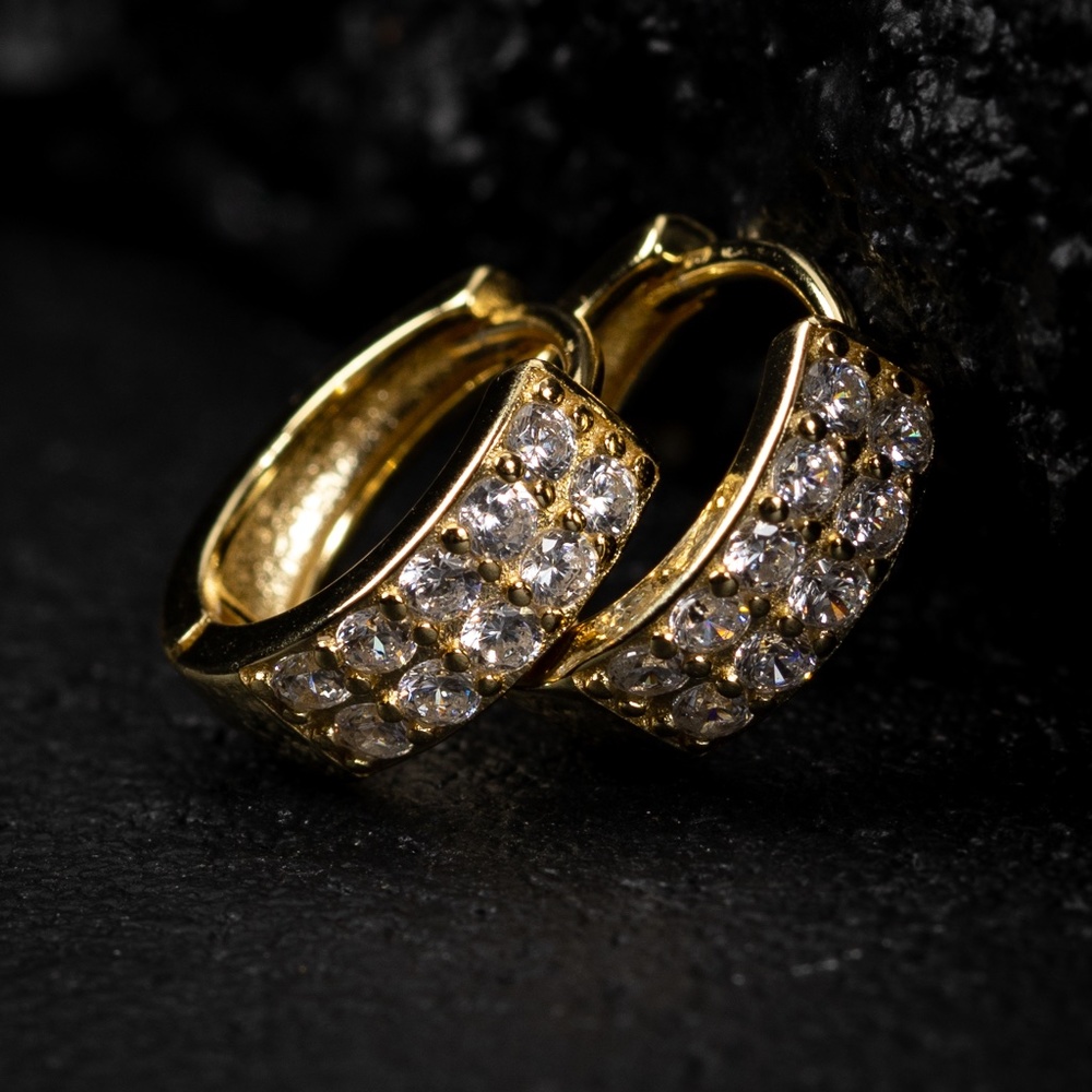 Men's Two Row Iced Cz Yellow Gold Plated Sterling Silver Huggie Hoop Earrings
